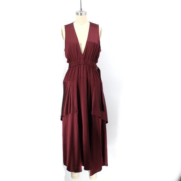 A.L.C. Silk Verena Plunging V-Neck Open Back Burgundy Satin Midi Dress - Picture 3 of 14